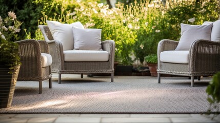 an outdoor patio carpet, highlighting its weather-resistant materials and inviting texture for al fresco relaxation