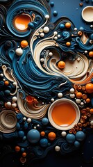 A blue and orange abstract painting with circles and bubbles. AI image.