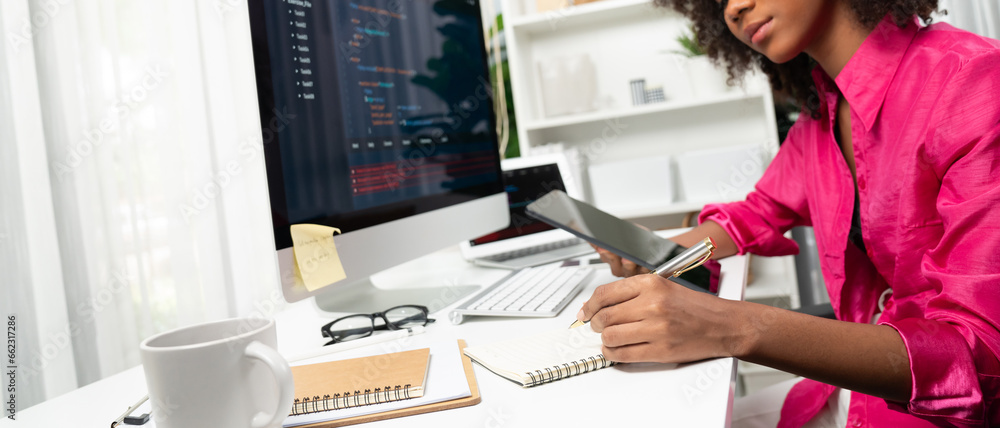 Poster young working african woman creating coding website developer, thinking data information designer at