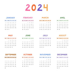 Cute minimal calendar template for 2024 year with weeks starts on Monday. Calendar grid with funky font for kids nursery, corporate office, stationery. Vertical monthly calender layout for planning.