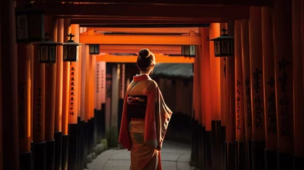 Gordijnen A geisha among red wooden Tori Gate in Kyoto, Japan © daniy