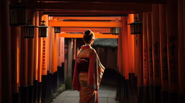 A geisha among red wooden Tori Gate in Kyoto, Japan