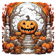 Three lantern from pumpkins with the cut out of a grin stand 