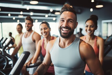 Fototapeta premium People running on treadmills in a busy gym created with Generative AI technology