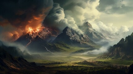 volcanic mountains, with billowing plumes of steam and a rugged landscape that showcases the raw power of nature