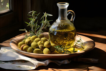 A bottle with olive oil and olives. Mediterranean healthy diet