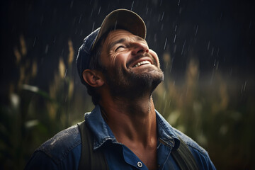 A happy farmer in a sown field getting soaked in the rain looking at the sky grateful and excited because it is raining. Drought, climate, weather and environmental issues concept - obrazy, fototapety, plakaty