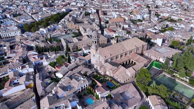 Baeza Cathedral. Guadalimar Greenway. Aerial view from a drone. Via Verdes de Jaen. Baeza. Province of Jaen. Andalusia. Spain. Europe