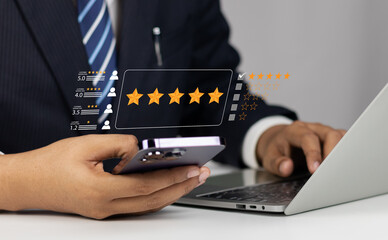 Online customer satisfaction survey feedback and ratings for business success, User give rating to service experience on online application, Quality service evaluation positive customer reviews.