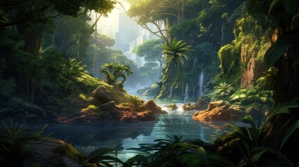 Scene of a river adventure through a dense jungle, with wildlife, ancient ruins, and the excitement of exploration game art