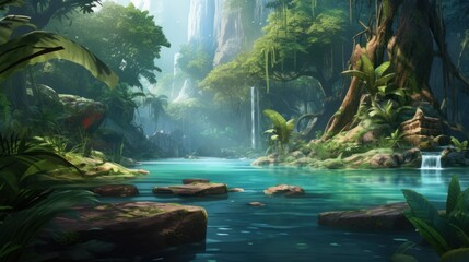 Scene of a river adventure through a dense jungle, with wildlife, ancient ruins, and the excitement...