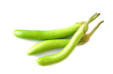 Green long eggplants isolated on white background. Concept, agriculture crop in Thailand. Food ingredient which can be cooked for variety delicious menu. Healthy eating, high fiber, reduce cholesterol