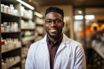 Obraz premium African pharmacist doctor stands on background of shelves with drugs in pharmacy