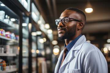 Obraz premium African pharmacist looking at shelves with medicines choosing medicine for customer in pharmacy