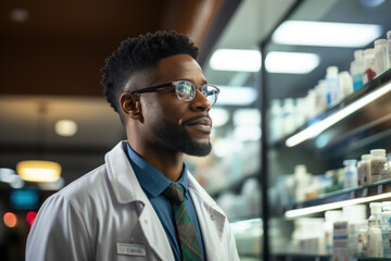 African pharmacist looking at shelves with medicines choosing medicine for customer in pharmacy