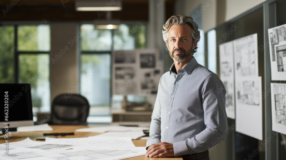 Aufkleber male architect stands in an office in front of a desk with various architectural projects