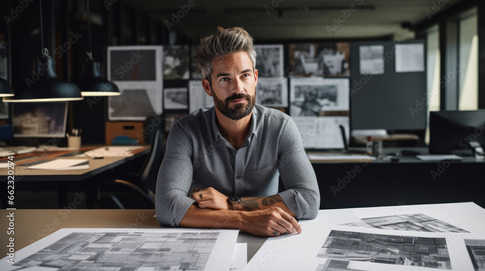 Poster male architect stands in an office in front of a desk with various architectural projects