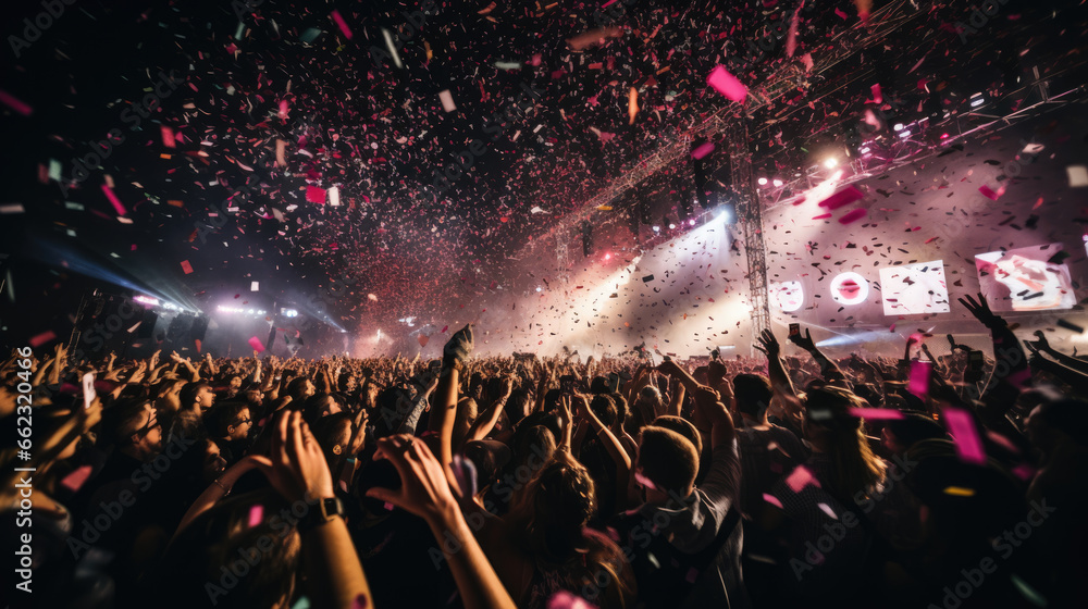 Poster cheering crowd at concert in front of bright lights. created with generative ai technology.