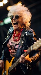 Fototapeta premium Senior woman playing guitar as a rock star.