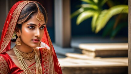 AI-Generated 4K Image: Young Indian Bride in Traditional Red Saree