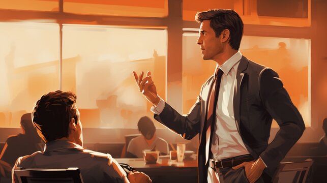 A CEO angrily addresses an underperforming staff member during a company-wide presentation