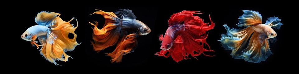 Fototapeta premium Photo of Betta fish with four color variations on a black background. Generative AI