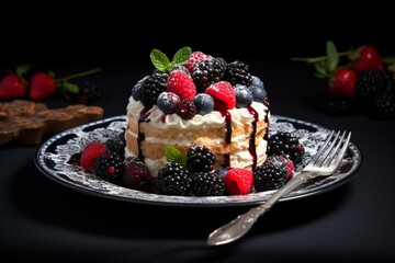 a cake with cream and berries on a plate with cutlery on a dark background. Generative AI