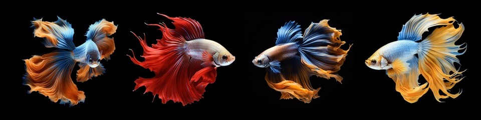 Fototapeta premium Photo of Betta fish with four color variations on a black background. Generative AI