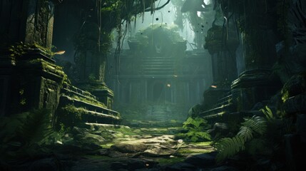 Landscape within a dense jungle, hiding ancient temples, overgrown vines, and mysterious encouraging players to unravel the secrets of the past game art