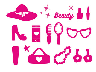 Glamorous fashion set of pink stickers. Cute stickers, objects isolated on a white background. hat, phone, flower, shoe, star, glass, logo, tree: a collection in a minimalist style. for print. png 