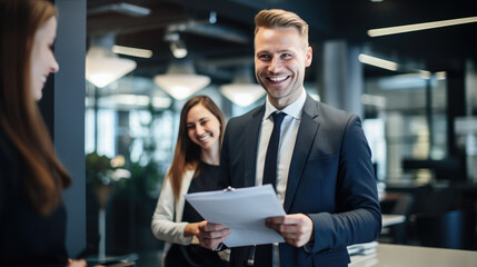Businessman holds up company reports during an office meeting