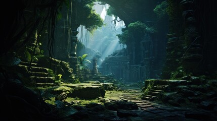 Obraz premium Landscape within a dense jungle, hiding ancient temples, overgrown vines, and mysterious encouraging players to unravel the secrets of the past game art
