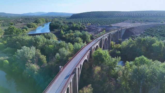 Viaducts and landscape of olive groves on the Via Verde de Guadalimar. Aerial view from a drone. Via Verdes de Jaen. Linares. Province of Jaen. Andalusia. Spain. Europe