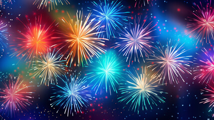 Fototapeta na wymiar HAPPY NEW YEAR - Celebration New Year's Eve, Silvester 2024 holiday background greeting card - Colorful firework fireworks pyrotechnics on dark night sky.
