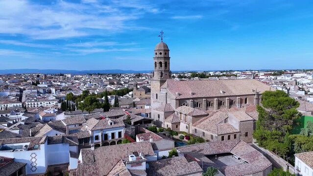 Baeza Cathedral. Guadalimar Greenway. Aerial view from a drone. Via Verdes de Jaen. Baeza. Province of Jaen. Andalusia. Spain. Europe