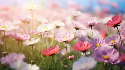 Naklejka na ściany i meble Flower field in sunlight, spring or summer garden background in closeup macro. Flowers meadow field