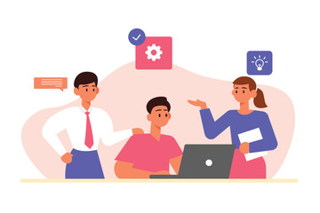 Brainstorming concept flat design, Digital business concept with character situations mega set. Bundle of scenes people brainstorming, making development plan and targeting, investing money. Vector il