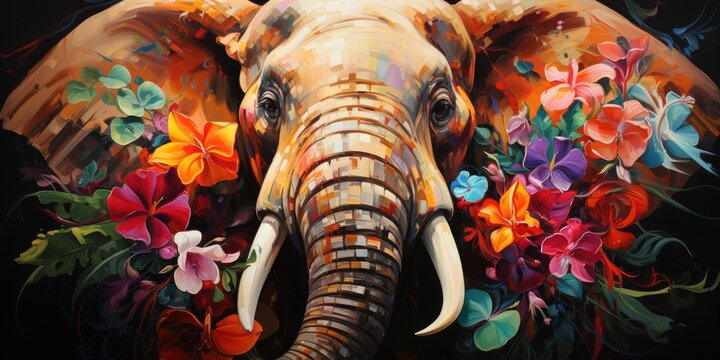 A painting of an elephant with flowers on it's head. AI image.