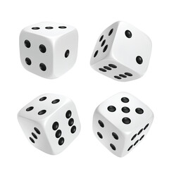 White photorealistic 3d cube for games. Dice icon in flight closeup isolated on white background. Vector illustration.