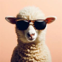 Creative animal concept. Sheep lamb in sunglass shade glasses isolated on solid pastel background, commercial, editorial advertisement, surrea