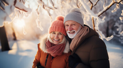 active and happy senior couple in a snow landscape in winter clothes - obrazy, fototapety, plakaty