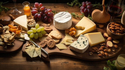 Cheese plate served with grapes, wine, and nuts on a wooden background