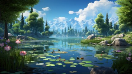 Enchanted lake, with serene waters and the tranquility of nature game art - obrazy, fototapety, plakaty