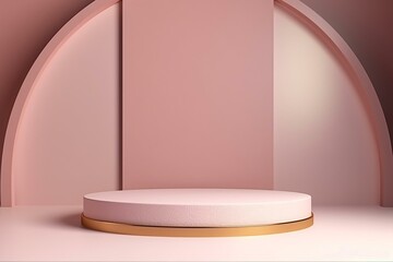 3D rendering of a pastel cylinder podium with golden lines, minimal composition, arch geometric, and luxurious shine. Generative AI