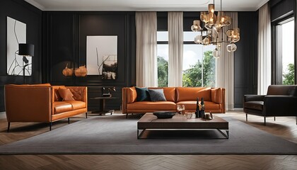 Modern interior design in large living room with orange leather sofas and chairs against dark classic wall for home