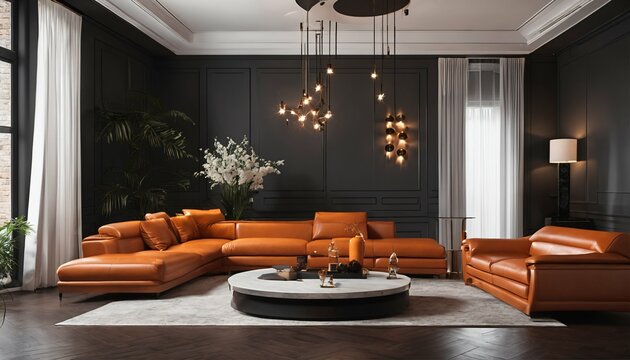 Home featuring large living room with modern interior design, orange leather sofas and chairs against a dark classic wall