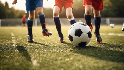 Fototapeta premium Young children players in kids soccer football match on field - Banner