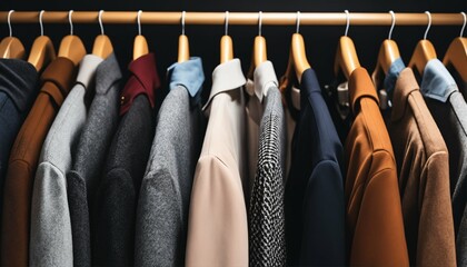 Row of hanging clothes for autumn or fall season