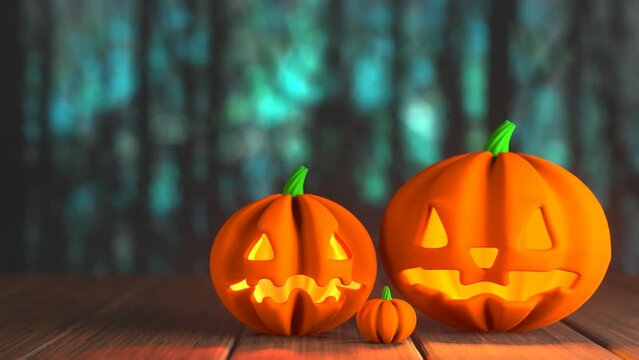 Three Halloween pumpkins on blue green forest background 3D 4K looped animation with copy space. Jack-o-lanterns with candle lights.