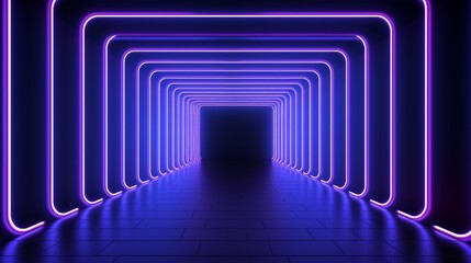 Blue and purple neon tube lights in the empty dark room 3d rendering illustration background